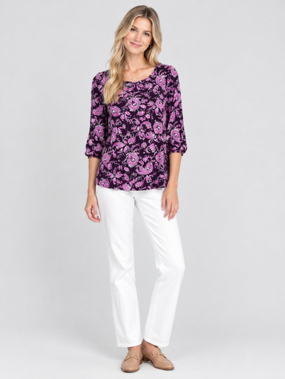 J. Jill Wearever Paisley Print Boho Top 3/4 Sleeve Black Magenta XL #A4604